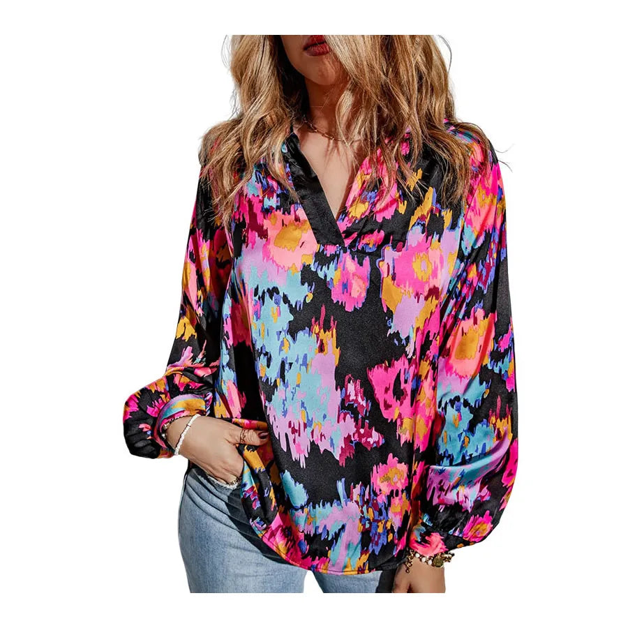 Women's Floral Tie V Neck Blouse Solid Chiffon Ruffle Trumpet Top Batwing Sleeve Casual Style for Spring Plain Dyed Front Summer