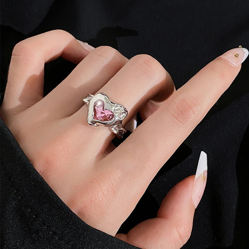 VKME Y2K Style Punk Pink Gemstone Heart Ring for Women Jewelry