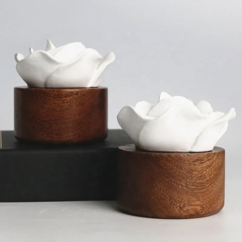 FinRu Car Decoration Air Freshener Wooden Base Scented Ceramic Aroma Plaster Porcelain Flower Fragrance Essential Oil Diffuser