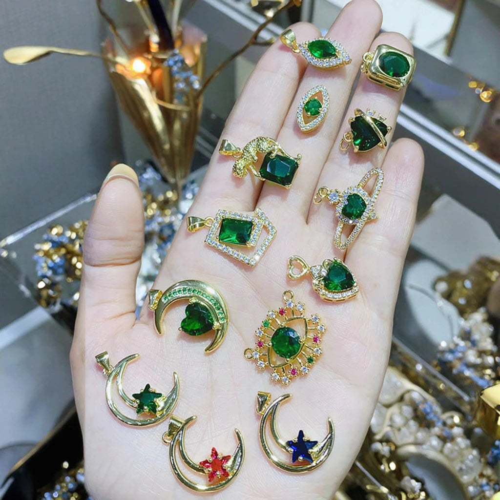CZ8586 Dainty CZ Micro Pave Crescent Moon and Star Charm Pendant  Emerald Green Cubic Zirconia Pave Satellite Charm Pendant
