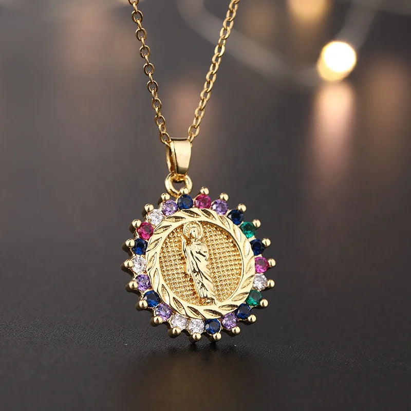 Pofei Mother's Day Religious Jewelry 18k Gold Plated Zircon Virgin Mary Pendant Necklace for Women