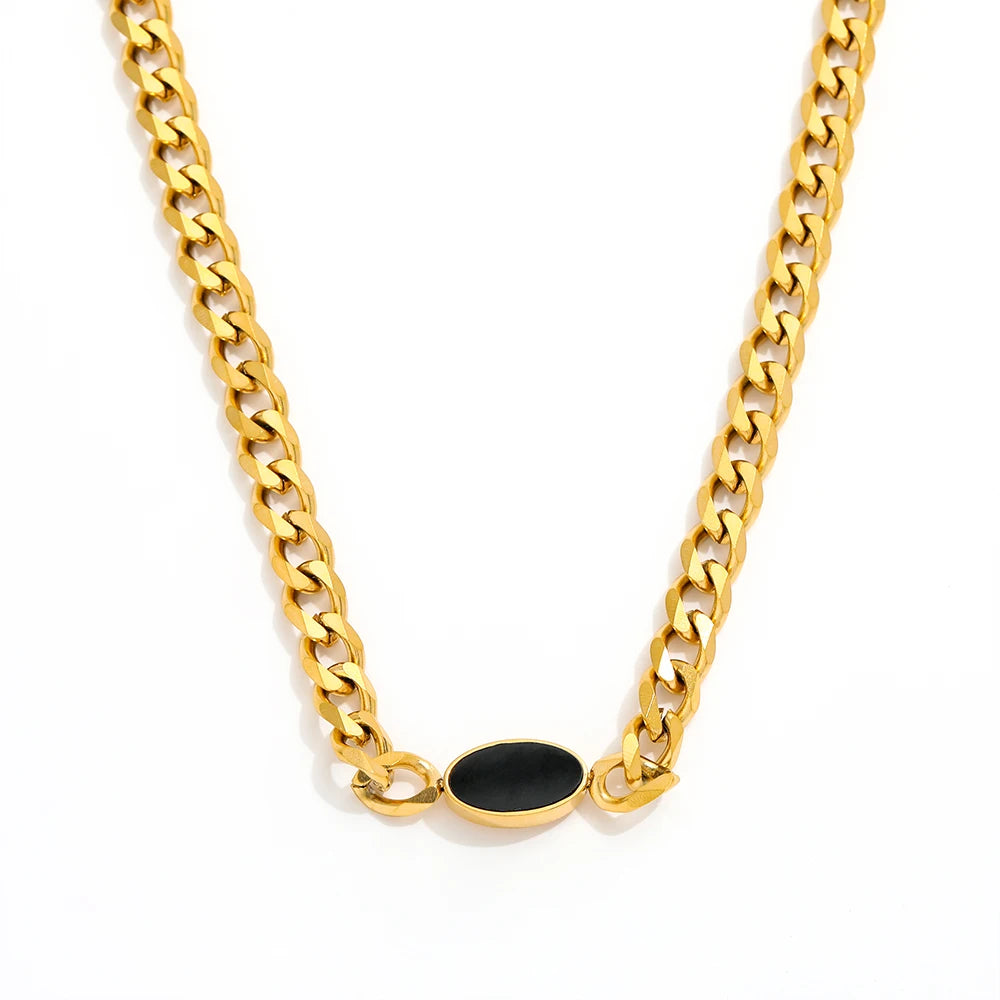 Joolim 18K Gold Plated Oval Black Epoxy Pendant Necklace Stainless Steel Tarnish Free Jewelry