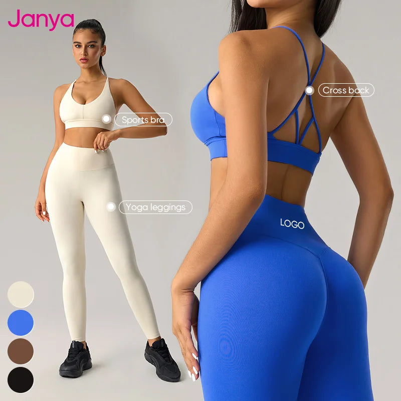 Janya Women's Two-Piece Gym Fitness Running Sportswear Sets Nylon Breathable Yoga Bra and Leggings Set for Fitness Running
