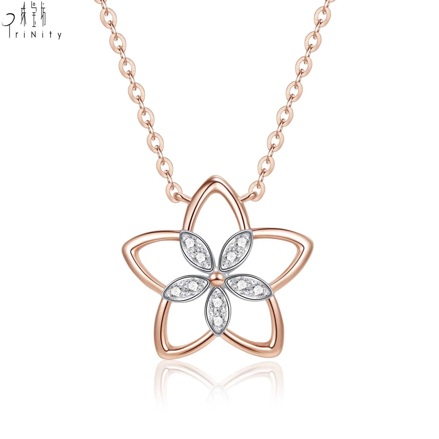 Trendy 18K Rose Gold Diamond Pendant Necklace Star Design Fashion Jewelry Set for Women