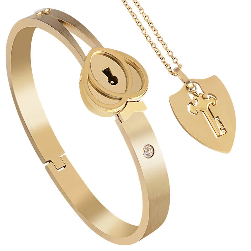 Women's Fashion Cuff Bracelet with Heart Lock Pendant Birthday Gift Bangle Couple's Love Lock Necklace Set