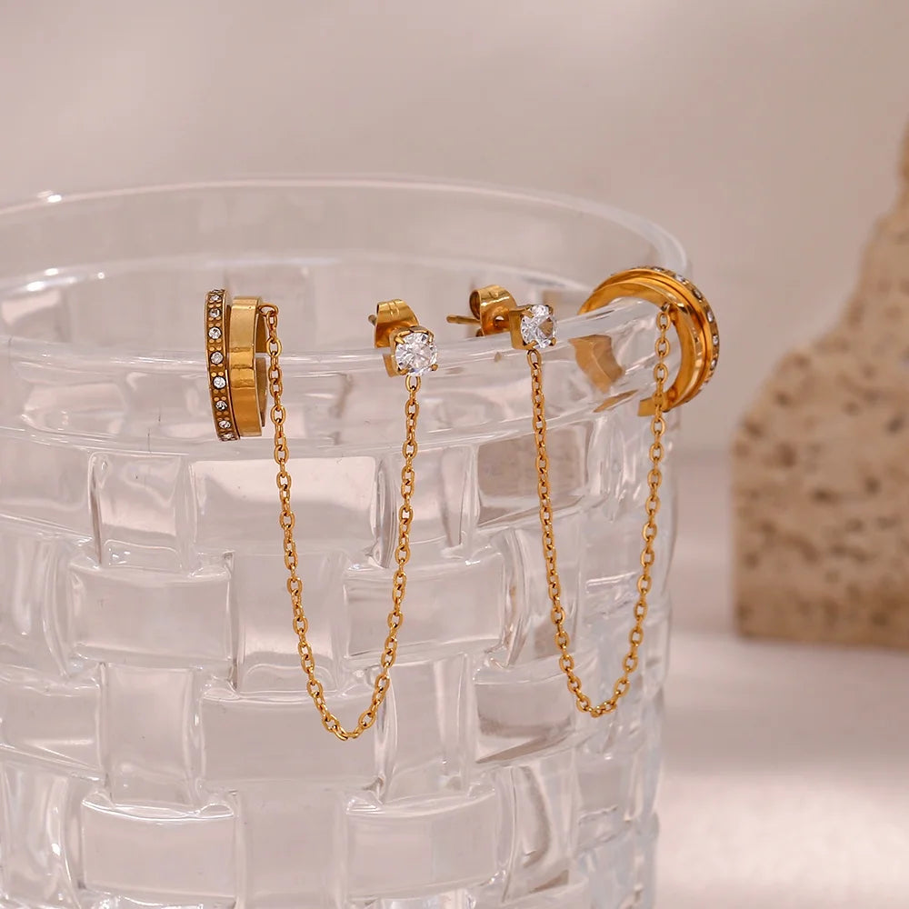 Dreamshow Elegant Zircon Clip on Stainless Steel Chain Earring Gold Plated Women Jewelry Ear Cuff Earrings