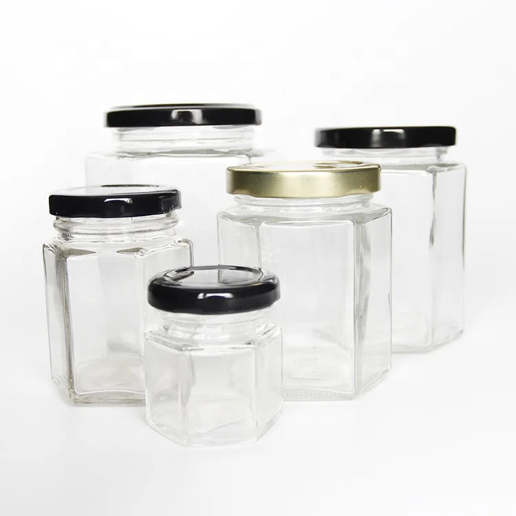 High Quality 6oz Hexagon Glass Jars with Metal Lid 380ml Wide Mouth for Pickles Jams Honey Jelly Chocolate Noodles Canned Food