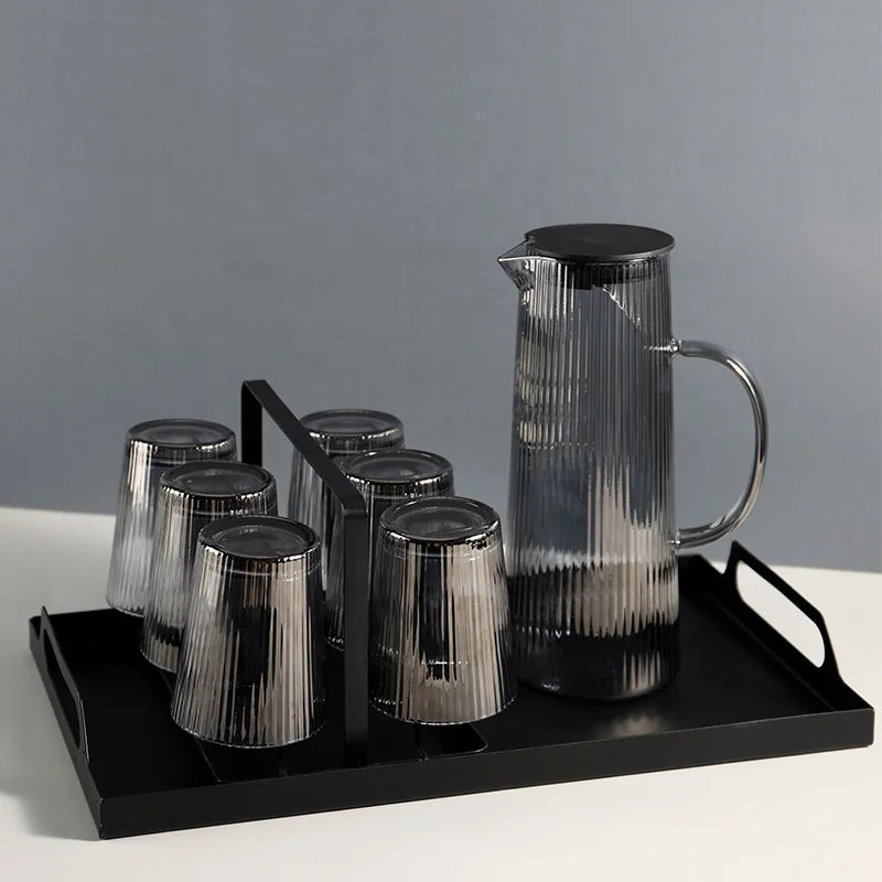 Modern Ribbed Smoke Grey Glass Pitcher Set 40oz Dishwasher Safe LFGB Certified with 6 Glass Cups for Iced Tea & Juice