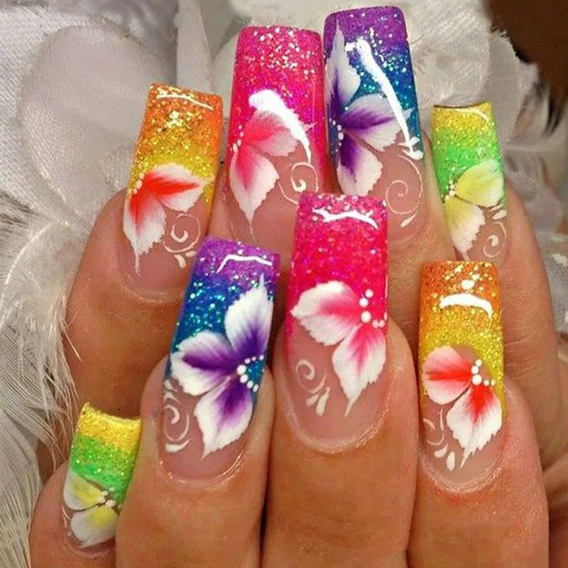 Fashionable Wear on Nail With Colorful Flower Nail Patches Sparkling Candy False Glitter Powder Wearable Nail Patch