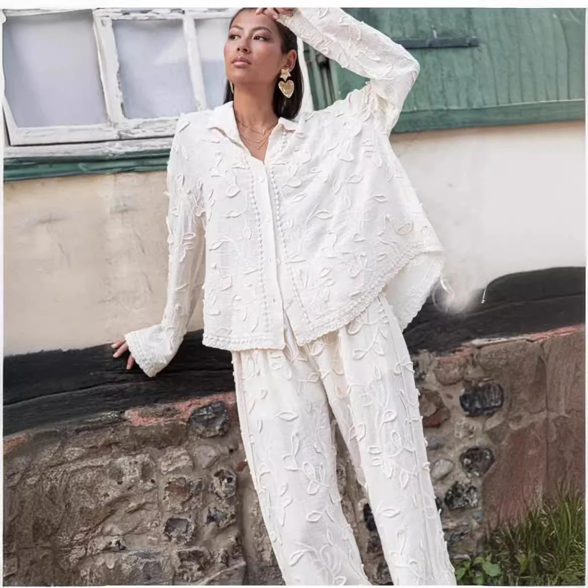 Boutique Wholesale 2026 Autumn New Fashionable Silk Jacquard Shirt Casual Pants Women's Set