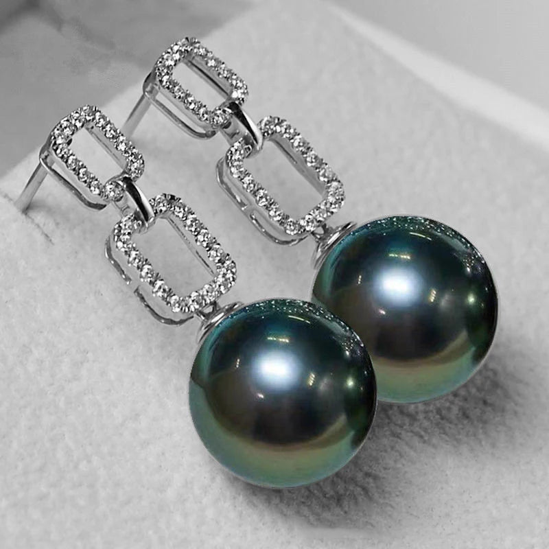 2022 Luxury Real Natural Green Black Tahitian Pearl Earring S925 Sterling Silver Needle Crystal Pearl Drop Earring for Women