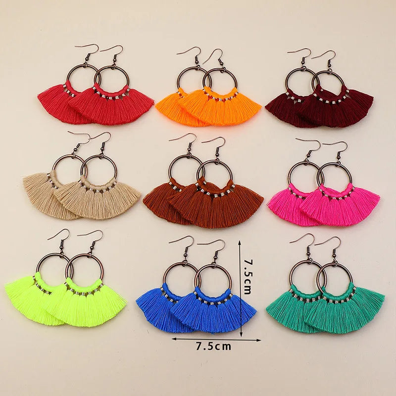 Boho Woven Silk Thread Wind Fashion Scalloped Handmade Tassel Earrings Vintage Exaggerated Round Drop Earrings