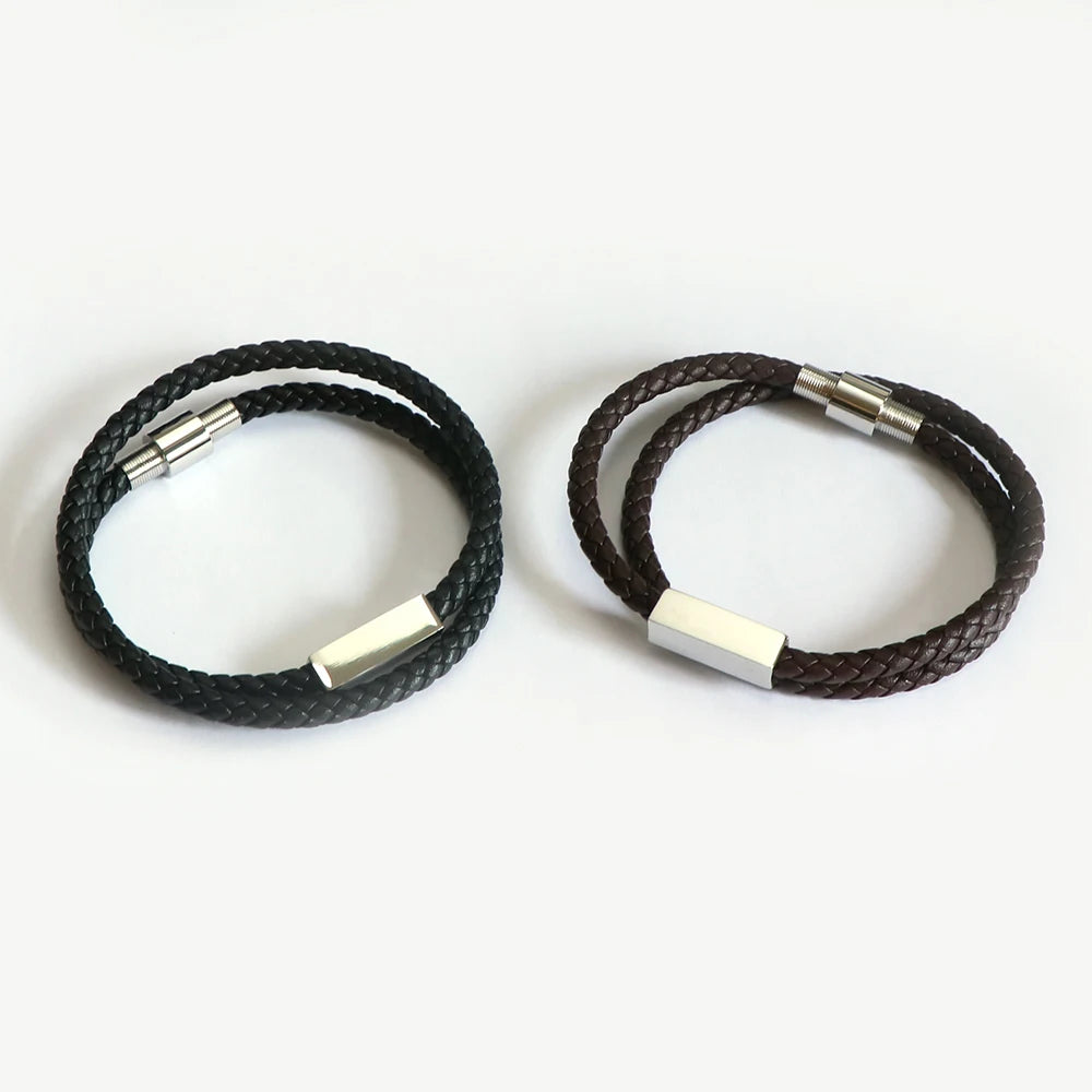 Men's Trendy Double-Layered Genuine Leather Bracelet with Silver Custom Beads Personalized Anniversary Gift