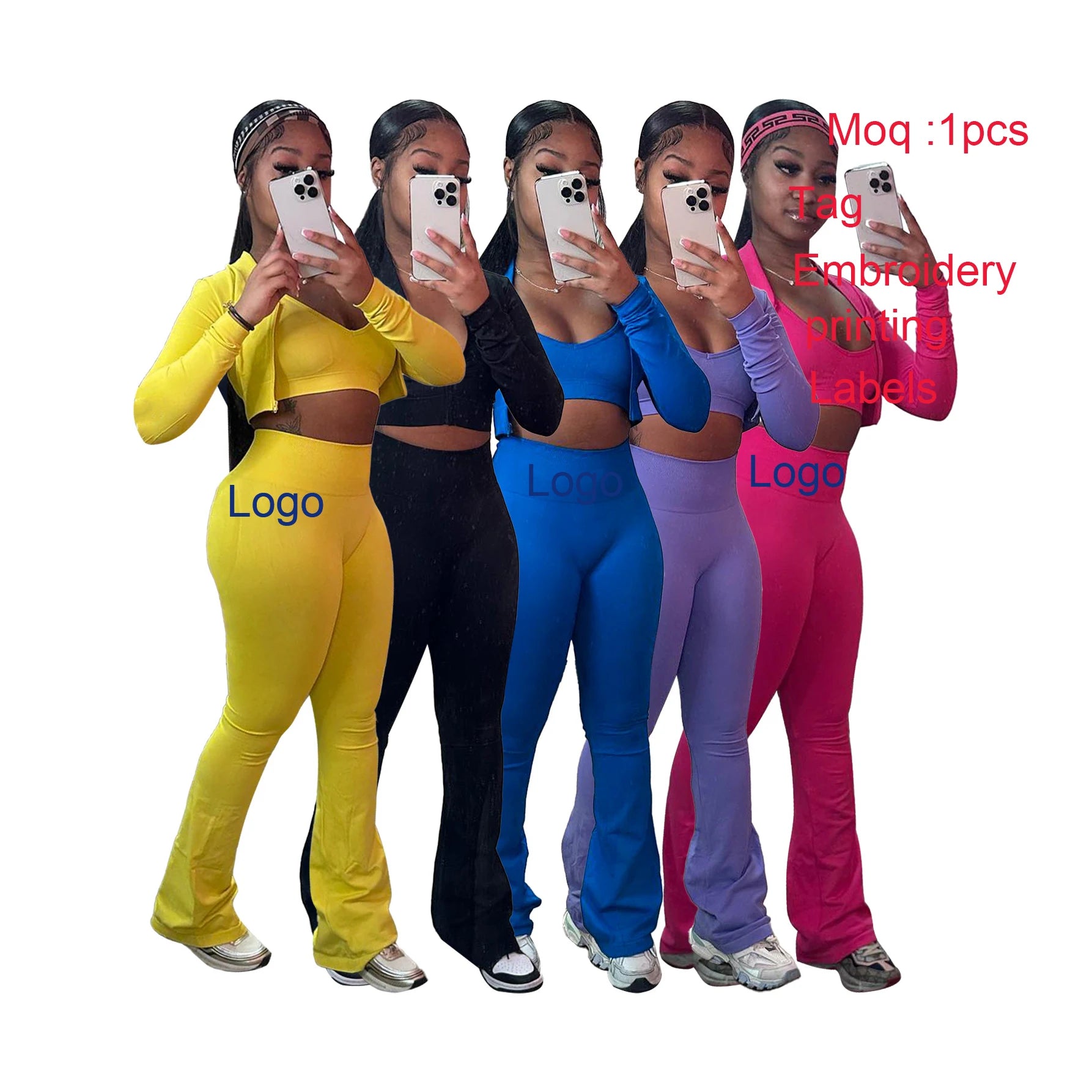Wholesale Custom Logo Women Clothing Skinny Crop Top Flared Trousers Outfit Bodycon 3 Piece Set Causal Sport Women Sets
