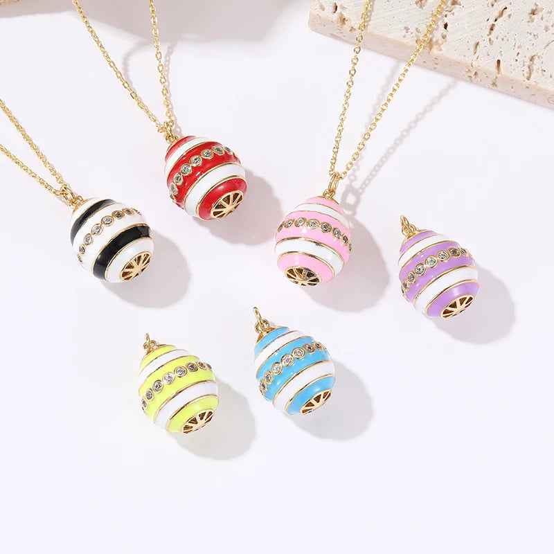 14K Gold Plated Enamel Faberge Stripe Easter Egg Pendant Charms Jewelry