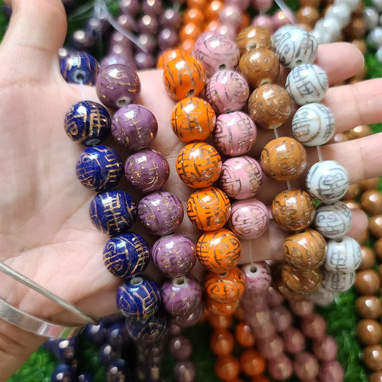 Blue Purple Pink Gilt Gold Porcelain Chinese Round Bead Vintage Shou Double Happiness & Longevity Beads Porcelain Round Beads