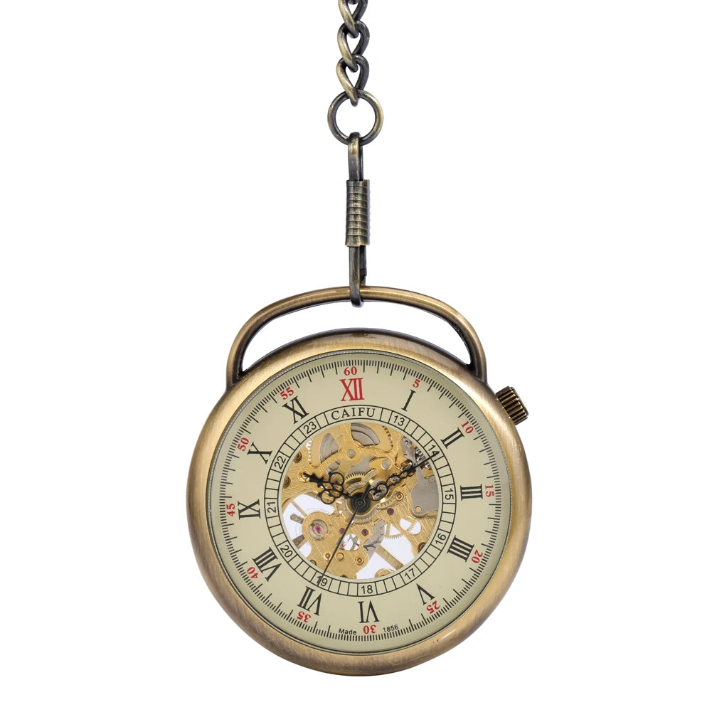 Open Face Roman Style Vintage Hand Winding Skeleton Men Mechanical Watch Pocket with Chain for Gift