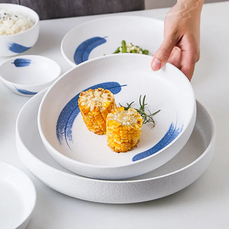 Korean Japanese Style Stoneware Dinnerware Sets With Hand Painted Frosted Ceramic Rice Bowl Soup Plate Dish Spoon