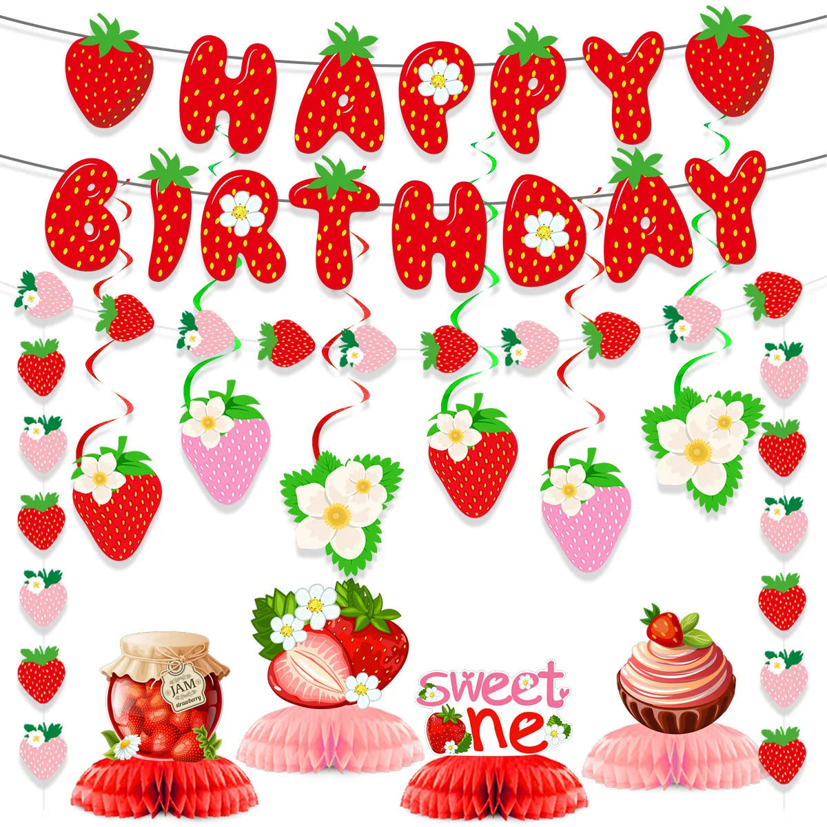 Strawberry Themed Birthday Party Set Birthday Banner Strawberry Flower Hanging Decoration Spiral Honeycomb Ornament Decoration