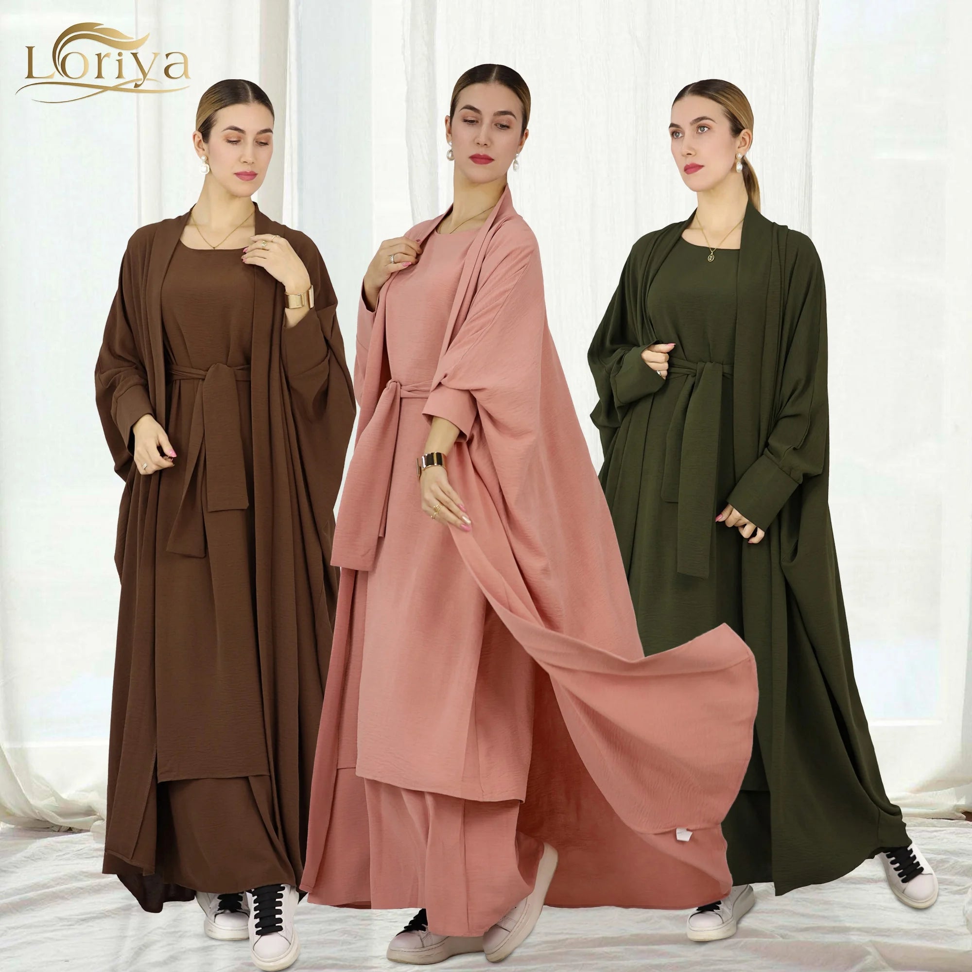 Custom Loriya Turkey Dubai Solid Color Two Piece Set Abaya Women Kaftan Crepe Casual Modest Women Muslim Dress Open Abaya Sets