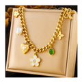 Vintage Design Pearl Shell Flower Heart Ribbon Emerald Oval Pendant Chain Gold Plated Stainless Steel Necklace