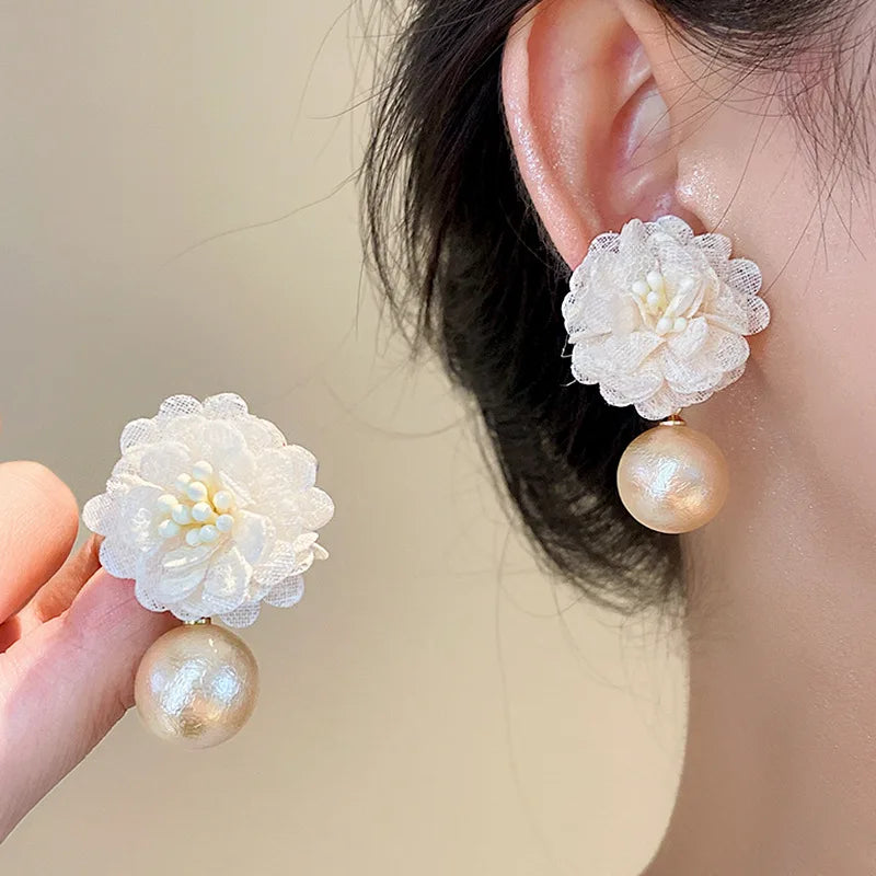 S925 Needle Sweet Fairy Champagne Pearl Drop Earring Manguito De Oreja Wedding Party Gauze Flower Earrings