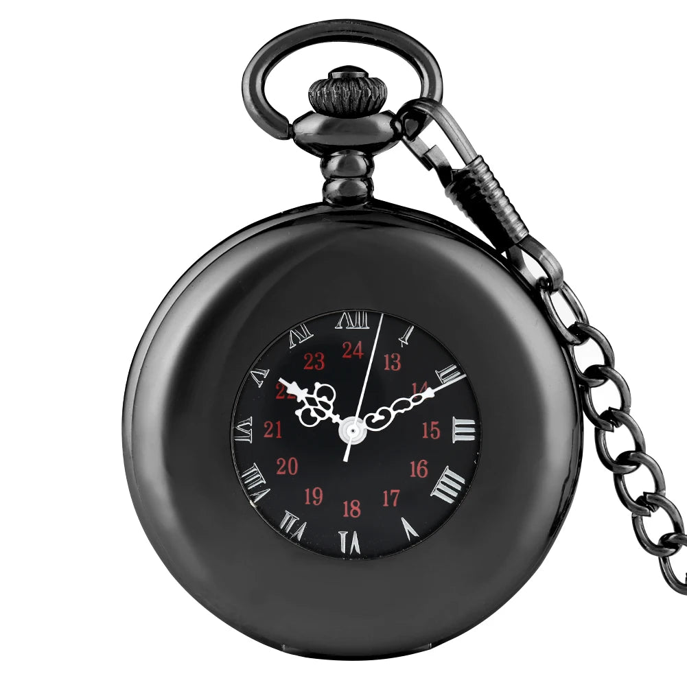 Black Smooth Vintage Half Hunter Skeleton Pocket Watch Mechanical With Chain Hand Winding Steampunk Pendant for Men Gift