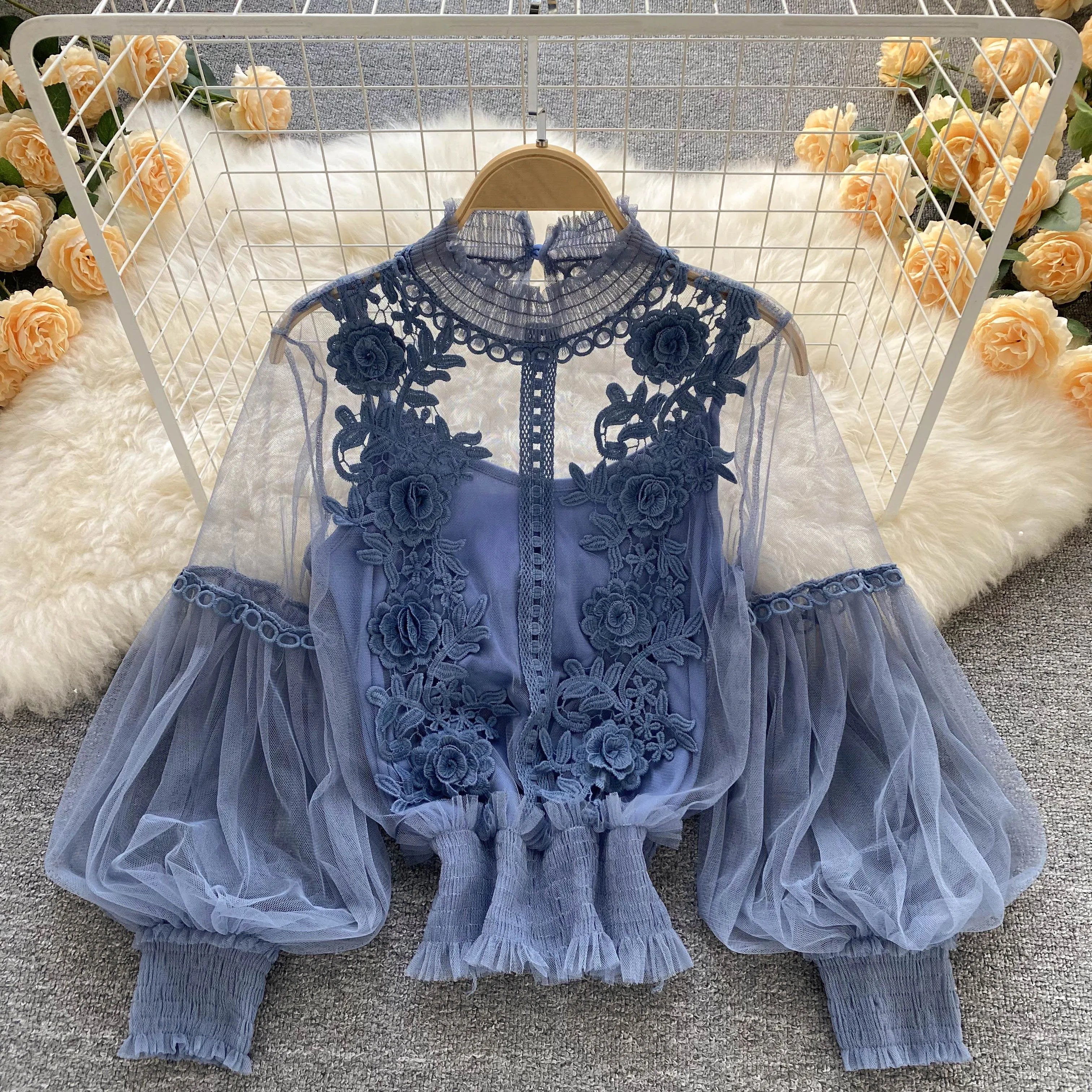 Boutique Wholesale Perspective Mesh Long Sleeve Slim Wild Fashion Spring New 2026 Lace Women's Blouses and Shirts