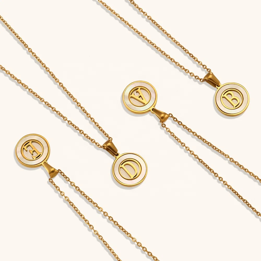 Custom Name Initial Letter Pendant Necklace Unique Vintage Design with Stainless Steel Base Gold Plating Hollow Shell Style