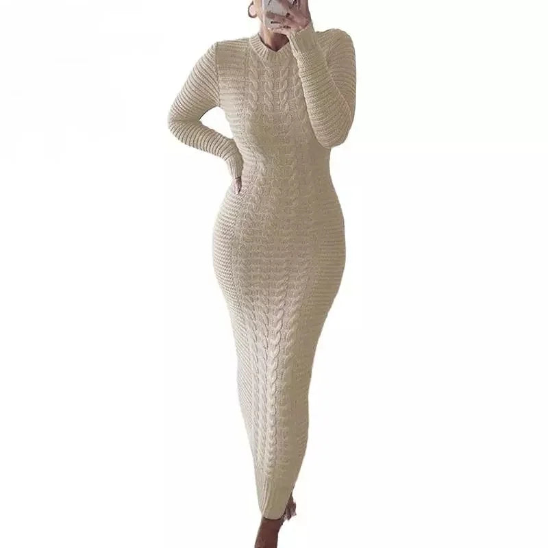 S-3XL Winter Thicken Turtleneck Sweater Maxi Dress Women Lace up Knitted Long Dress Female Knitwear Soft High Quality Dress