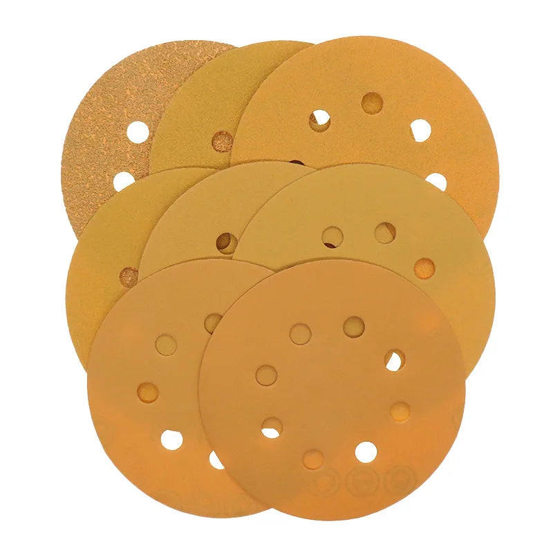 Pexmientas 5 Inch 8 Hole Orbital Sander Hook and Loop Yellow Aluminum Oxide Gold Sandpaper Sanding Disc MegaBDM