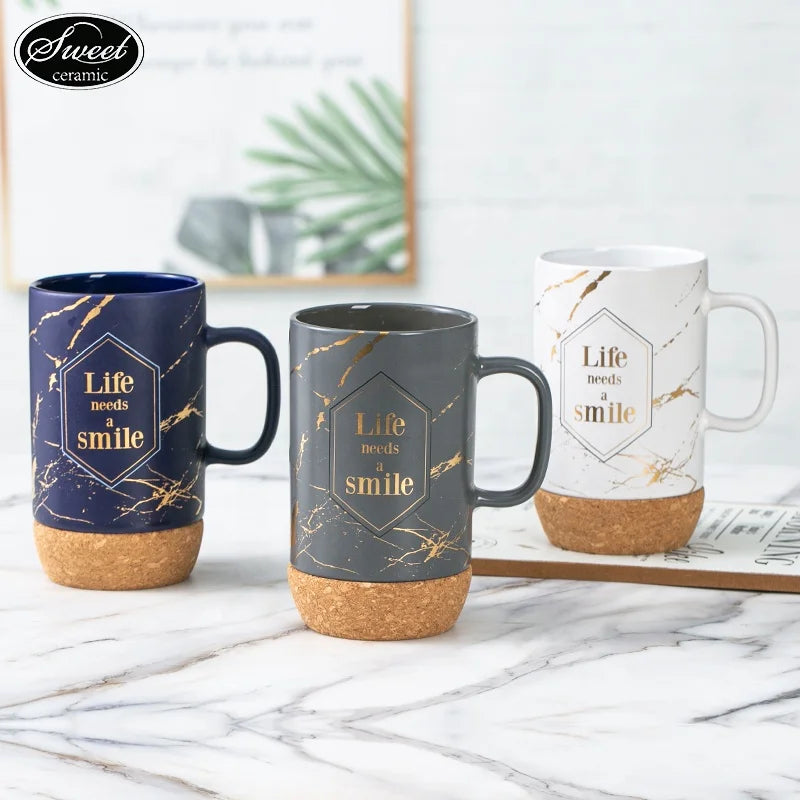 SWT Wholesales Luxury Ceramic Beer Cup 14/18oz Black White Grey Blue Marble Custom Golden  Design Ceramic Coffee Cork Base Mug