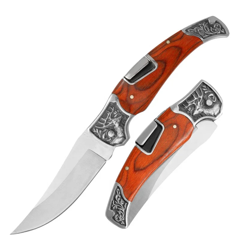Classic Retro Combat Knife Stainless Steel Blade Wood Handle Folded Pocket Everyday Carry Push Button Style Durable Customizable