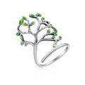 Tree of Life Ring 925 Sterling Silver Green Enamel Leaf Adjustable Ring