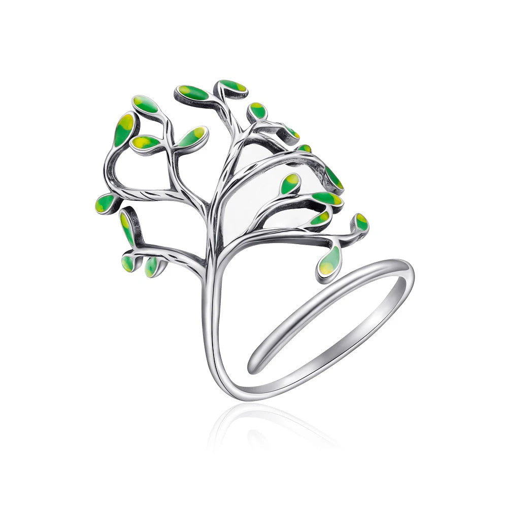 Tree of Life Ring 925 Sterling Silver Green Enamel Leaf Adjustable Ring