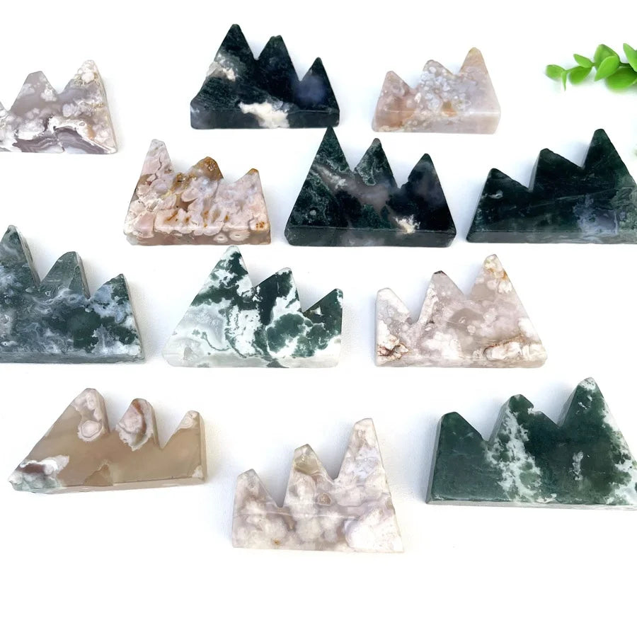 Flower Cherry Blossom Agate Little Hill Shape Carving Moss Agate Hill Mountain Ornaments for Decoration