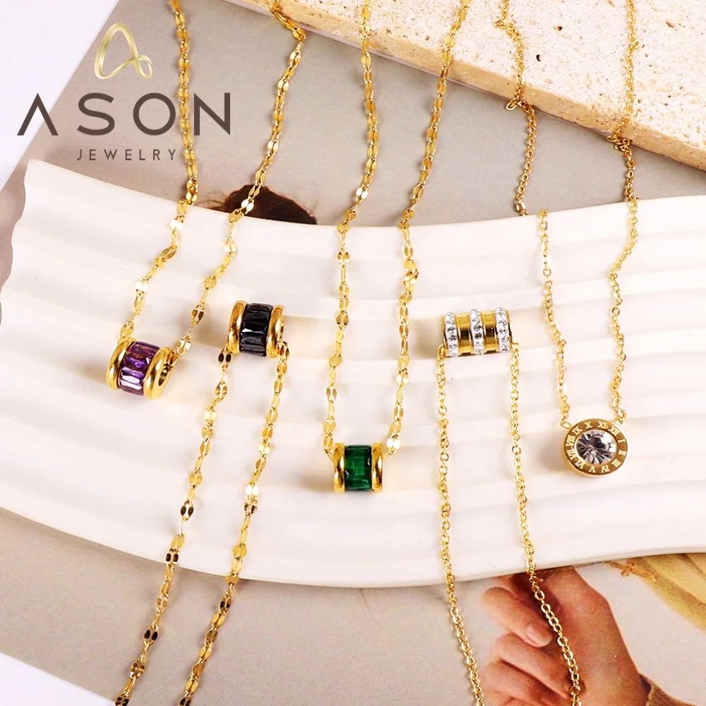 Ason Hot Sale Fashion Waterproof Jewelry Exquisite Zircon Necklace 18k Gold Plated Stainless Steel Cylinder Pendant Necklace