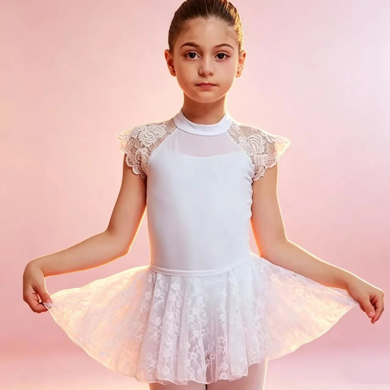 White Lace Ballet Leotards with Skirt Suit Gymnastic Ballerina Dance Dress Classic Dancing Clothing for Girls