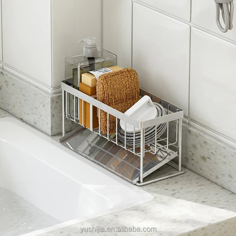 Wholesale Stainless Steel Drain Accessories Minimalist Kitchen Sponge Rack Sink Tidy 304 Holder