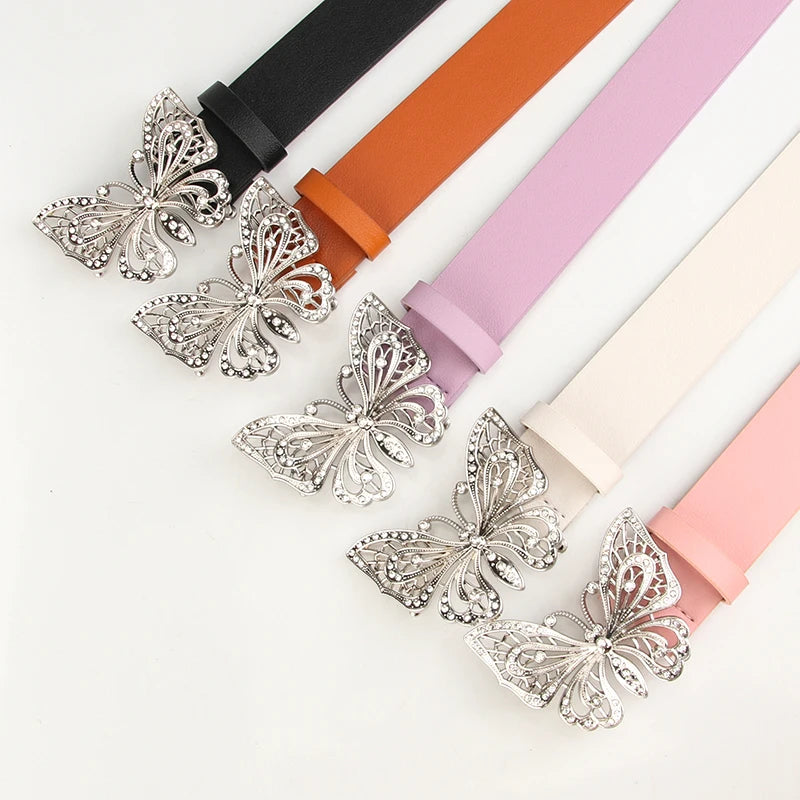 JULUN Belt Manufacturer Women Belts Hollow Butterfly Crystal Buckle Faux Leather Belts for Women Adjustable for Dresses
