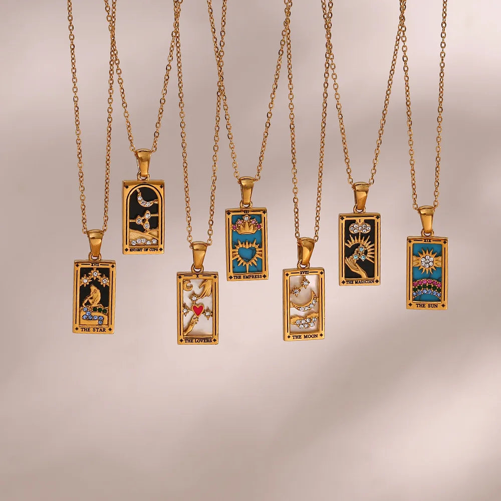 DAIHE Wholesale 18k Gold Plated Square Necklace Pendant Stainless Steel Vintage Tarot Card Necklace for Women Fashion Jewelry