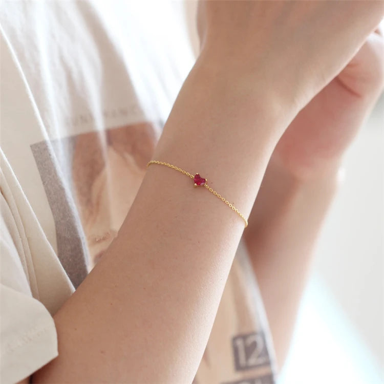 Simple Red Zircon Imitation Heart Gold Plated Women Sterling Silver 925 Bracelet for Girls