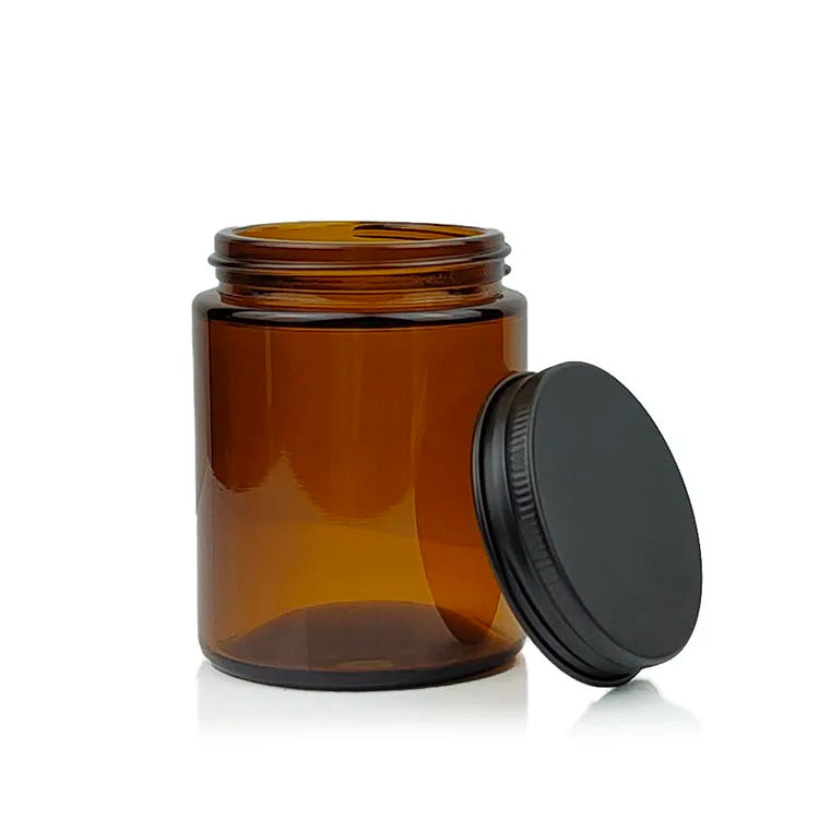 Empty Recycled Soy Wax 8oz 250ml Wide Mouth Amber Glass Candle Jar with Aluminum Metal Gold Lid and Custom Logo