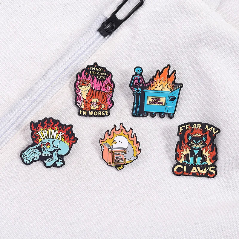 Animal Pins Flame Brooch Creative Cartoon Cat tiger Pigeon Skull Shape Punk Badge Letter Enamel Lapel Pin