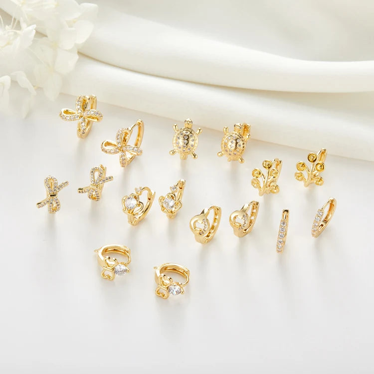 Lovely Jewelry Cubic Zirconia Brass 14K Gold Plated Sea Turtles Shape Animal Huggies Hoop Earrings Women