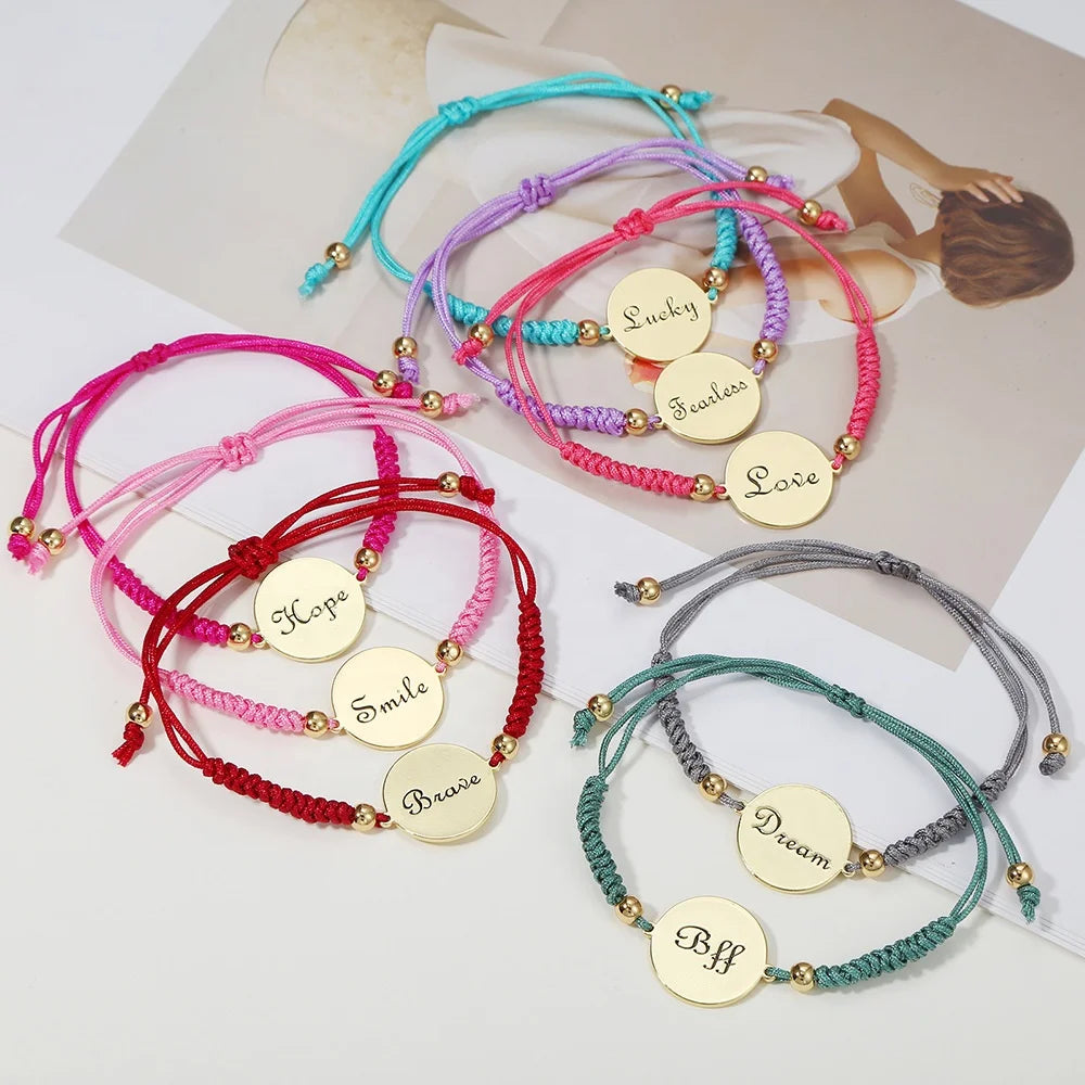New Braided Adjustable Round Disc Charm Bracelet Custom Engraved Inspirational Love Hope Dream Bff Bracelet