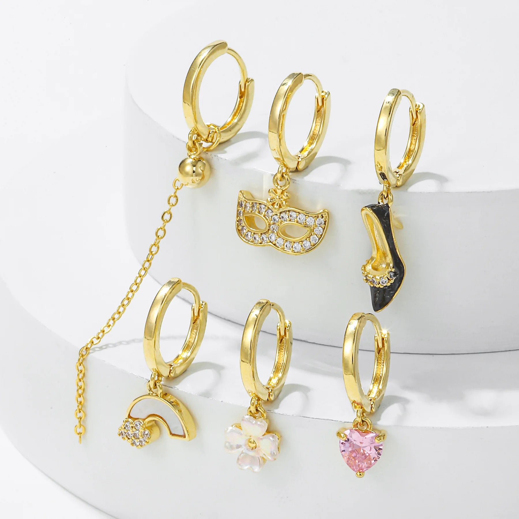 6Pcs Unique Design Black High Heel Earrings with Pink Zircon Accent Women Jewelry Earrings Set