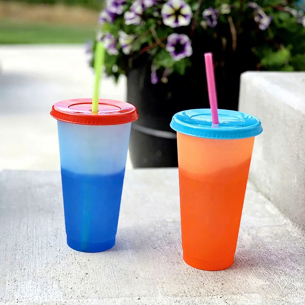 2026 New Eco-friendly Color Changing Reusable Tumbler 5 Stock Colors Plastic Magic Water Cup With Straw