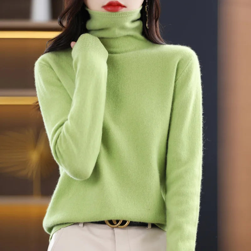 Women New Arrival Flat Knitted 100% Wool Breathable Quick-Dry Sweater Winter Turtle Neck Keep Warm Office