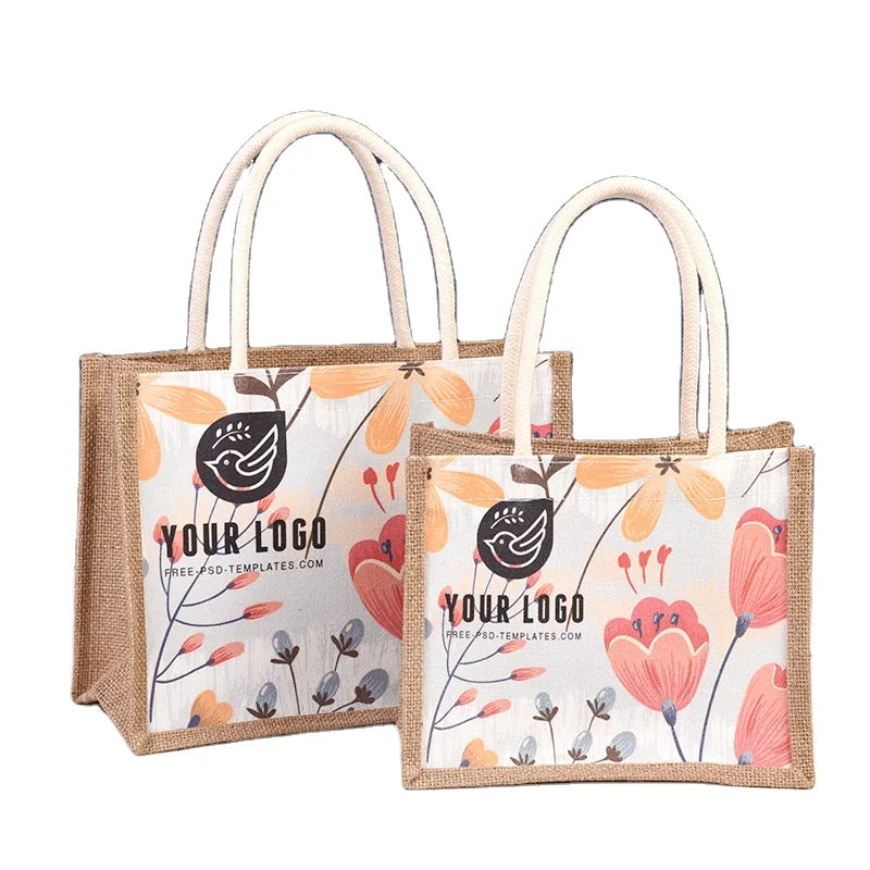 2023 Custom Design Women's Fashion Jute Handbags Canvas Burlap Designer Tote Carrier Fabric Shopping Bags